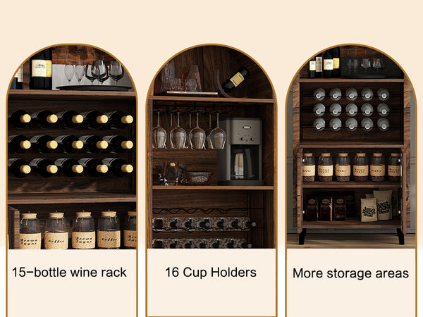 English Elm 71"Farmhouse Arched Wine Bar Cabinet with 15 Bottle Racks, 16 Glass Holders, Anti-Tip Safety for Living/Dining Brown Oak W2977P338256