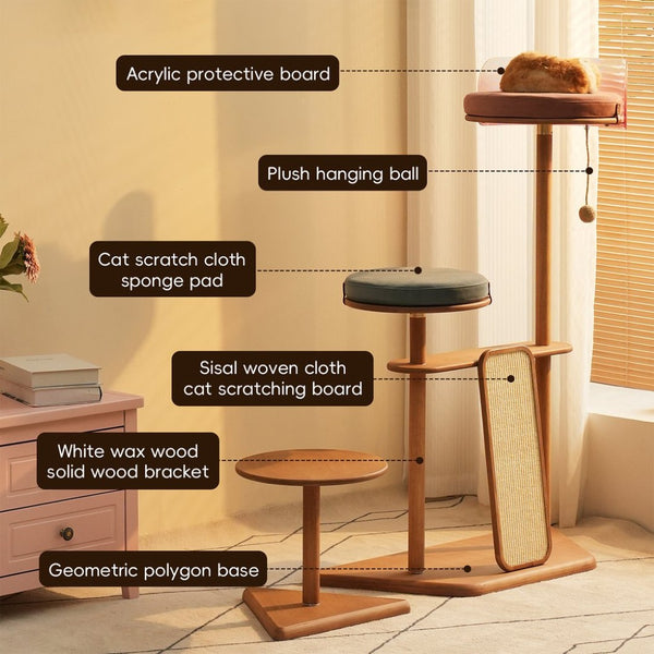 English Elm Geometric Cat Tower Oak Veneer Rubberwood Sisal Chenille Acrylic Pod Modern Home W3136P445672