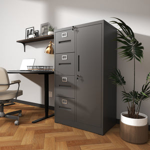 English Elm Metal Storage Vertical Filing Cabinet with 4 Drawers and Side Wardrobe, Steel Ball-Bearing Suspension, Secure Locking Organizer for Home Office and Bedroom Black T2398P272100