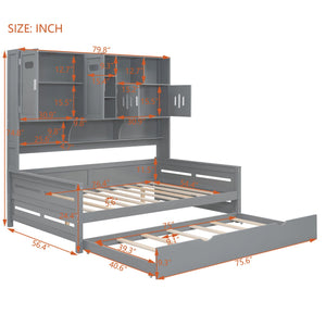 English Elm Full Size Wooden Daybed With Twin Trundle & Stylish Integrated Cabinet For Smart Space-Saving Solutions N820S00027E