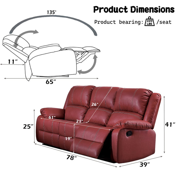 English Elm Zuriel Red Faux Leather Motion Sofa with Pocket Spring Seats, Pillow-Top Arms, 220lb Capacity B2726P285311