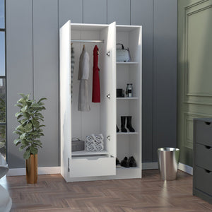 English Elm Memphis Wardrobe Armoire with Double Doors, Built-In Rod, Four Shelves & Spacious Lower Drawer White 40 L x 23 W x 3 H B200S00285