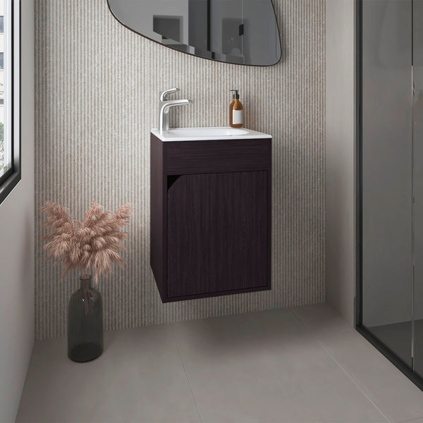 English Elm Bethel 40" Floating Wide One-Door Vanity with Resin Sink, Two Shelves, Kronos Wengue Black Finish B070P337052