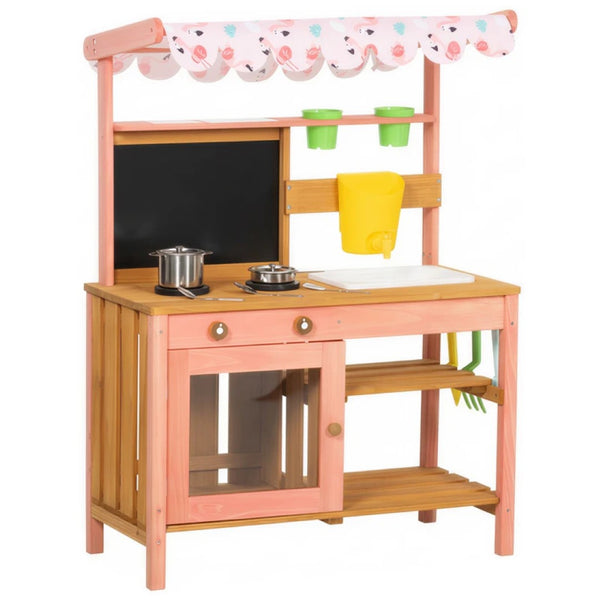 English Elm Wooden Kids Mud Kitchen Outdoor Fir Play Set with Dual Sinks Chalkboard and Canopy T3971P480624