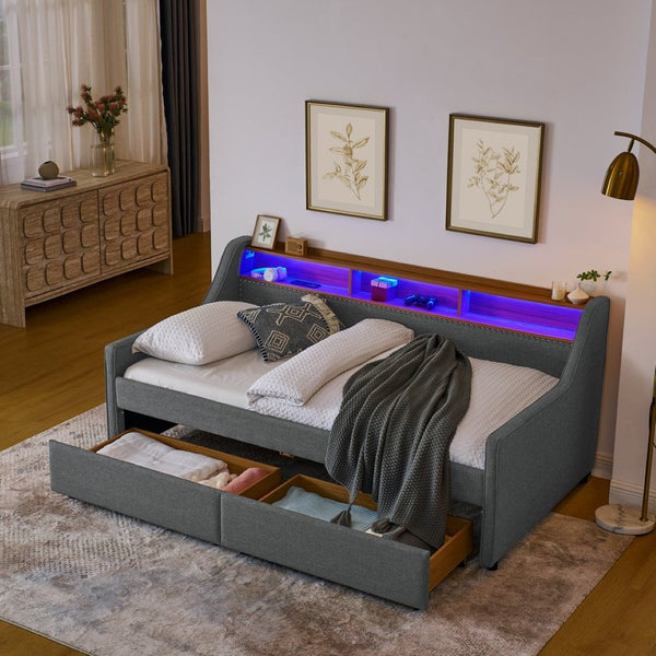 English Elm Twin Size Upholstery Sofa Bed With Led Lights & Storage Drawers, Wireless Charging, Grey Linen Design W1413S00055-GIGA
