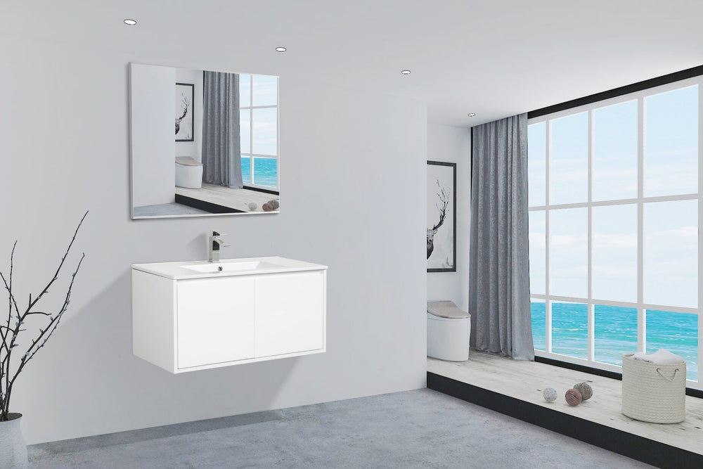 English Elm 36" Floating Bathroom Vanity Base Glossy White Wall Mount Soft Close Cabinet W1920P263626
