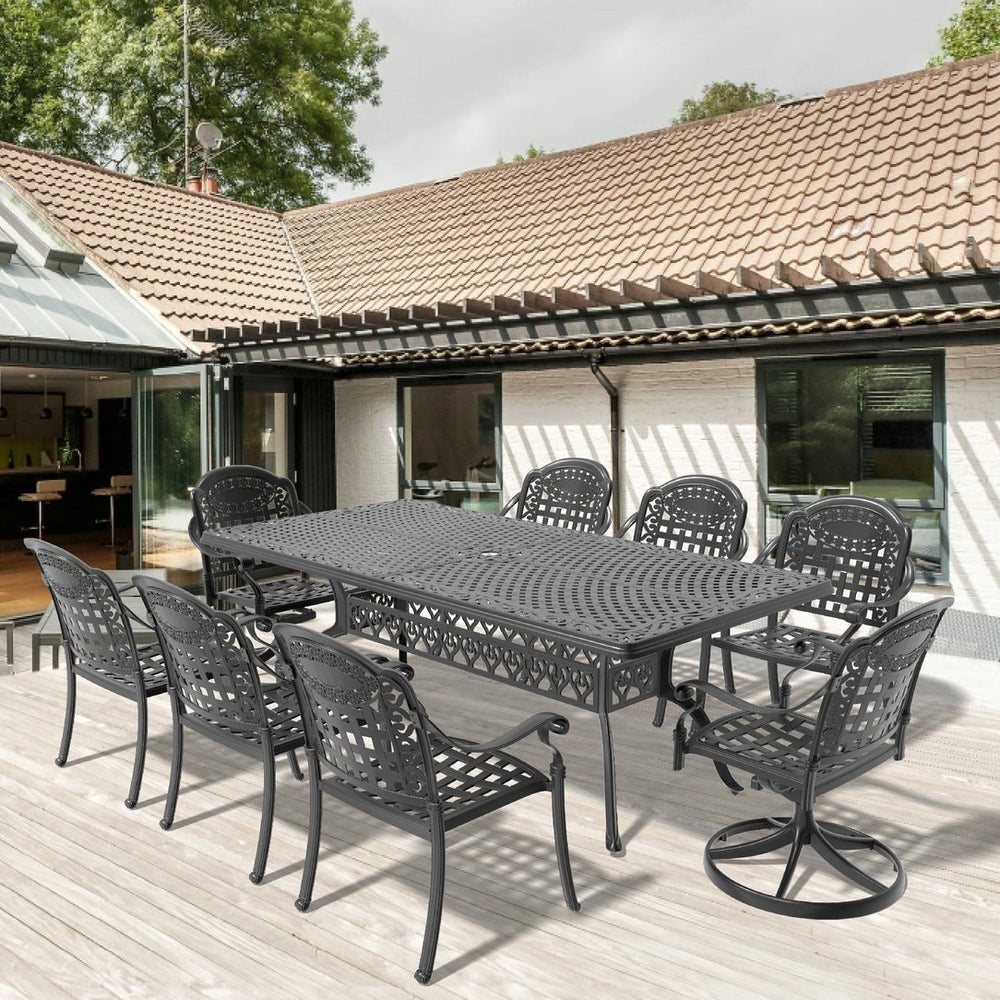 English Elm 9-Piece All-Weather Cast Aluminum Dining Set With 8 Cushions, Swivel Chairs & Rectangular Table W1710S00478