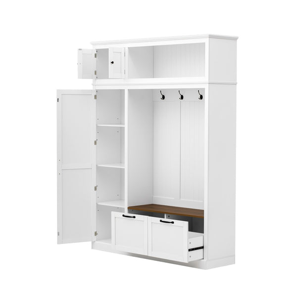 English Elm 3-in-1 Entryway Hall Tree with Cabinet Hooks Bench Drawers and Adjustable Shelving White SJ000160AAK