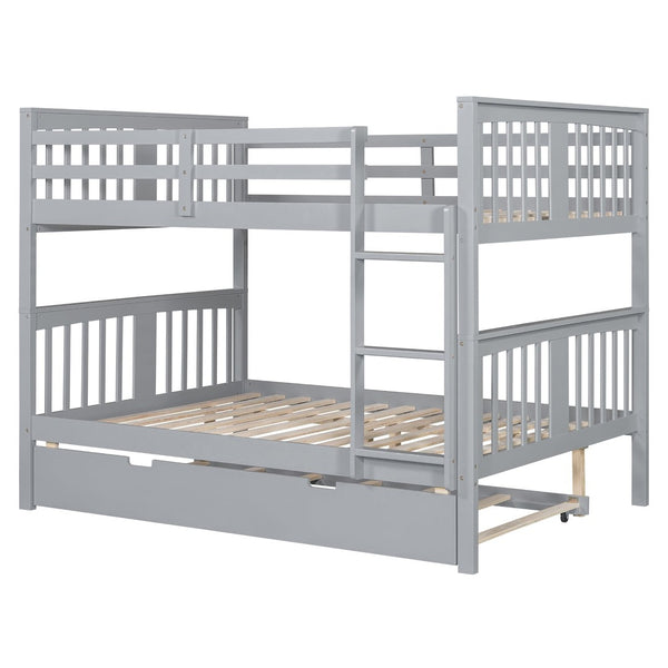 English Elm Full Over Bunk Bed with Twin Trundle Solid Pine Frame Gray Convertible LT100204AAE-1