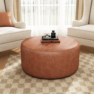 English Elm Christopher Knight Home® - Upholstered Round Ottoman with Faux Leather Upholstery, Dense Foam & Pocket Coil Comfort, 31" Brown,Cognac N757P181733T