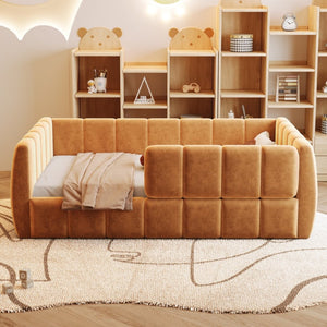 English Elm Upholstered Velvet Toddler Daybed with Removable Guardrails and Solid Slat Support Orange N899P452426C