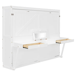 English Elm Queen Murphy Bed Cabinet with Vanity Desk Hydraulic Lift Mirror Distressed Finish White LP000766AAK-1