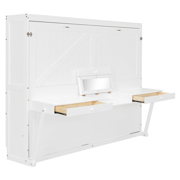English Elm Queen Murphy Bed Cabinet with Vanity Desk Hydraulic Lift Mirror Distressed Finish White LP000766AAK-1