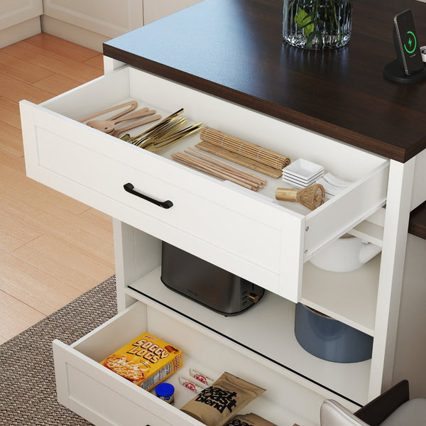 English Elm 83.1'' Extendable Kitchen Island Prep Station with Walnut Woodgrain and Built-in Power Hub W2557S00002