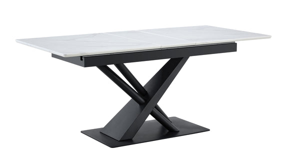 English Elm Modern Extendable Dining Table with Walnut MDF Veneer Top, Dual V-Shaped Metal Base, Sleek Durable Design White Marble W3493S00006