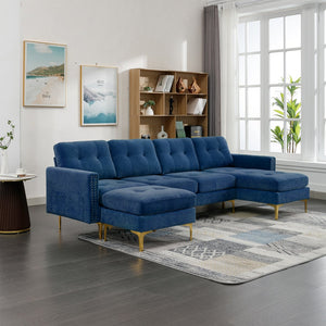 English Elm 110" L-Shape Convertible Sectional Sofa with Movable Ottoman, Velvet Upholstery, Space-Saving Modern Design Blue N719S000970C