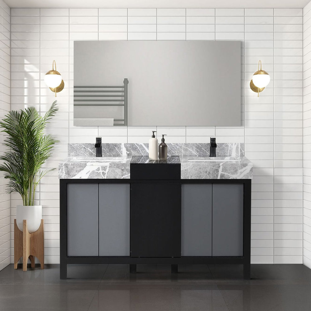 English Elm Black Double Bath Vanity Set With Castle Grey Marble Top, Matte Black Faucet & Large Mirror Included B2731S01027