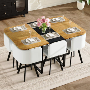 English Elm 7-piece Modern Dining Set with Two-tone Wood Table and Six White Pu Leather Chairs W3875S00127