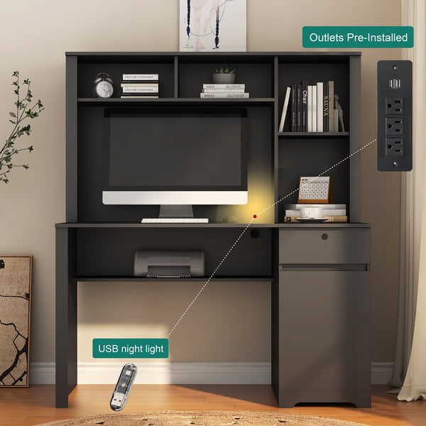 English Elm Computer Desk with Hutch & Bookshelf Black MDF, Lockable Drawer, Monitor Stand, 3 AC & 2 USB Ports, Spacious Workstation W1321P289999