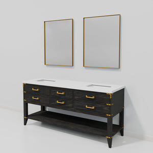 English Elm Black Oak Double Bath Vanity 72" With White Quartz Top & Two 34" Mirrors For Stylish Storage Solutions B2731S02165