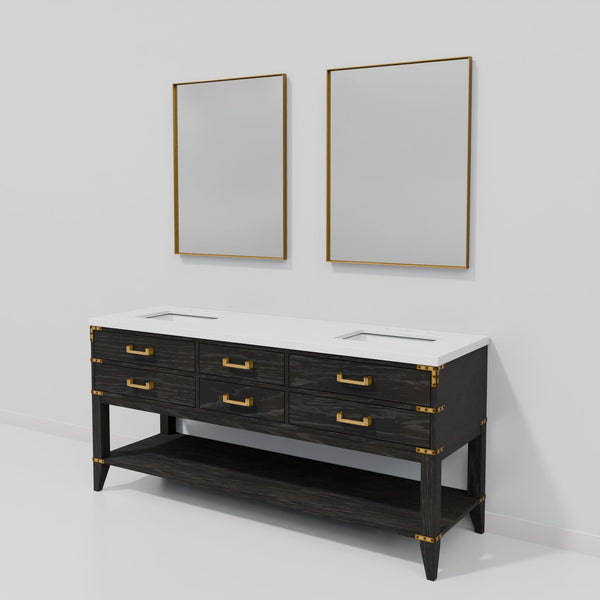 English Elm Black Oak Double Bath Vanity 72" With White Quartz Top & Two 34" Mirrors For Stylish Storage Solutions B2731S02165