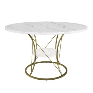 English Elm 43 Inch Expandable Round Dining Table Walnut Veneer Seats Six with Metal Storage Shelf Walnut+Gold W2700P411581