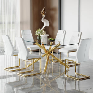 English Elm Table Modern Luxurious 6-Piece Dining Set With Transparent Glass Top, Gold Accents & White Chairs W1151S02587-GIGA