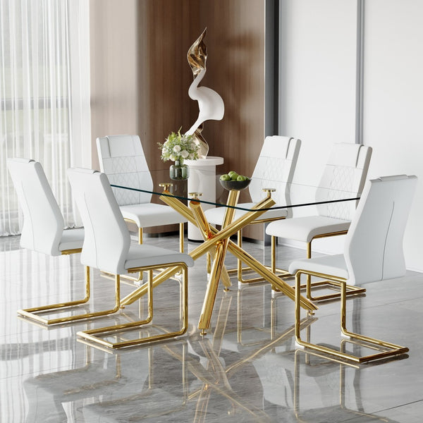 English Elm Table Modern Luxurious 6-Piece Dining Set With Transparent Glass Top, Gold Accents & White Chairs W1151S02587-GIGA