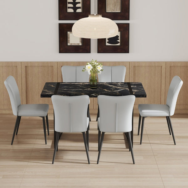 English Elm Table Modern Black Marble Mdf Dining Set With 6 Light Gray Pu Chairs - Stylish, Durable, Comfortable W1151S02528-GIGA