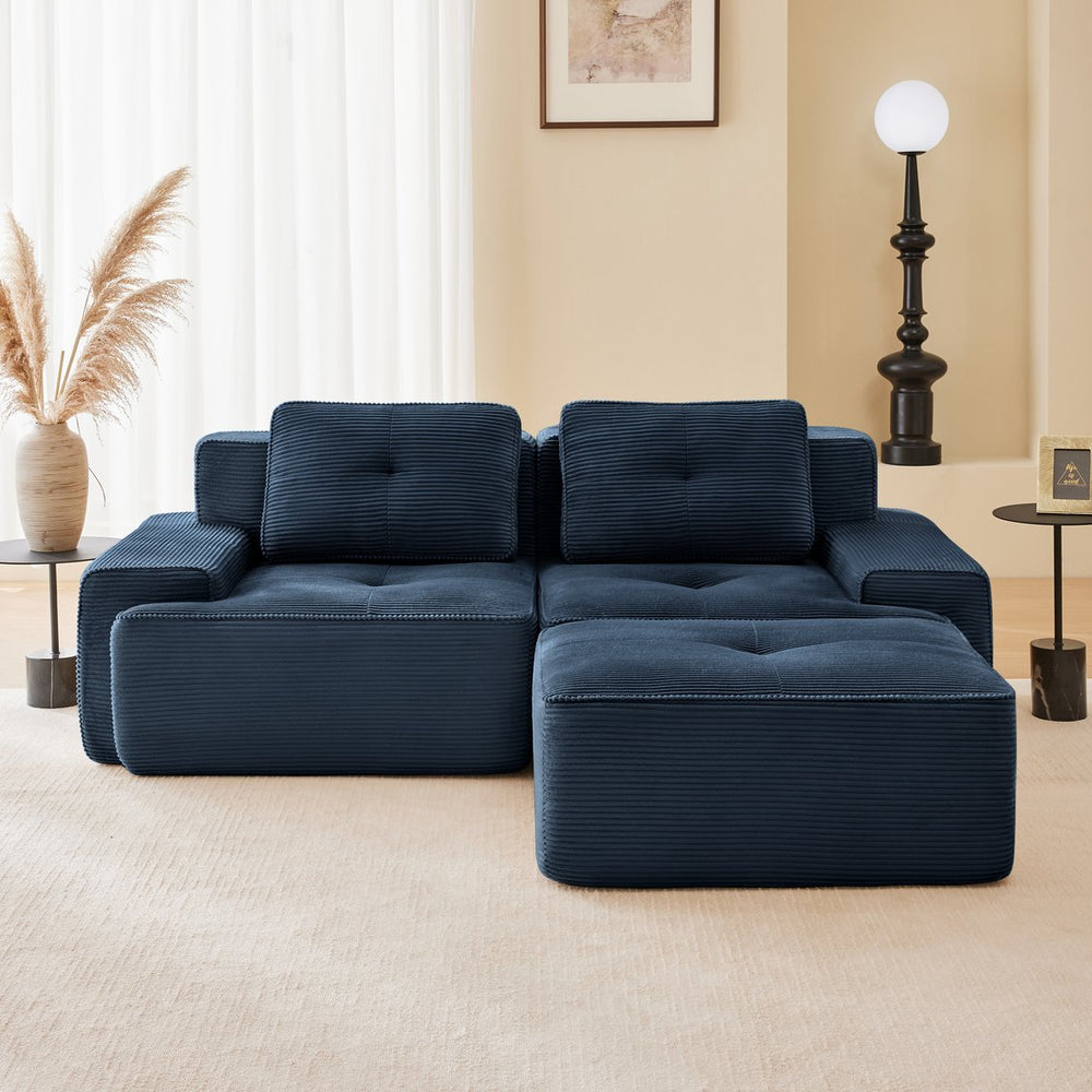 English Elm 82" Modern L-Shaped Modular Sectional Sofa with Plush Corduroy, Deep Ergonomic Seats & Movable Ottoman Blue W714S01492