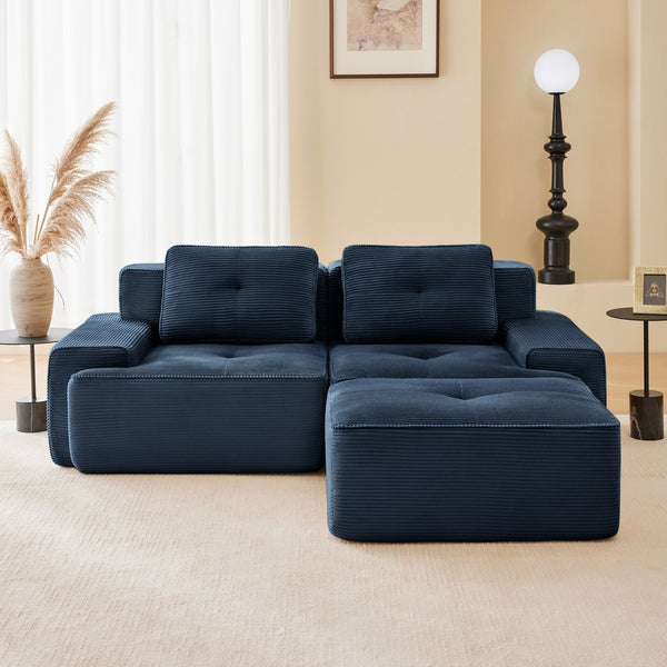 English Elm 82" Modern L-Shaped Modular Sectional Sofa with Plush Corduroy, Deep Ergonomic Seats & Movable Ottoman Blue W714S01492
