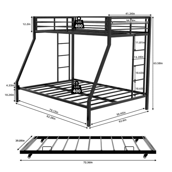 English Elm High Strength Iron Bunk Bed with Rolling Trundle Minimalist Queen Frame for Three W1935P360876