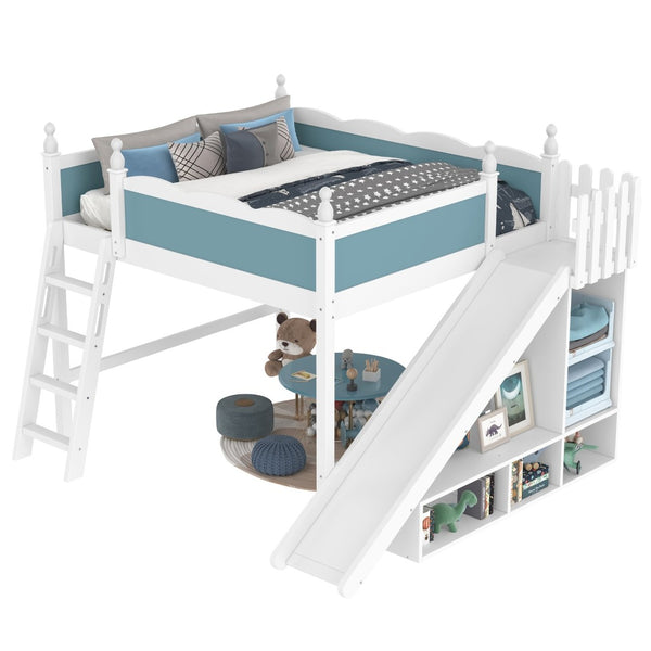 English Elm Queen Loft Bed With Storage Shelves, Fun Detachable Slide, Solid Wood Design, Blue & White Finish W1580S00249-GIGA