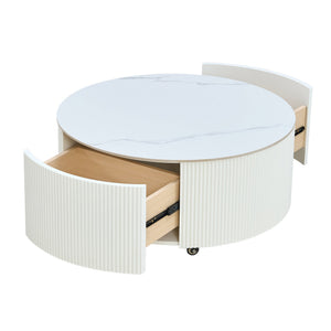 English Elm Modern Round Coffee Table with Sintered Stone Marble Top, Locking Casters, 2 Soft-Close Drawers, Space-Saving Design White N735P328523K
