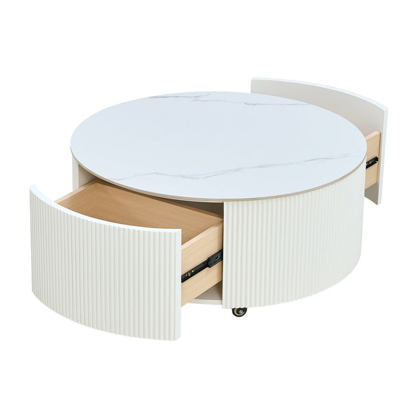 English Elm Modern Round Coffee Table with Sintered Stone Marble Top, Locking Casters, 2 Soft-Close Drawers, Space-Saving Design White N735P328523K