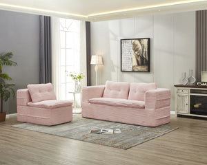 English Elm Multi Functional Sectional Sofa Bed in Baby Pink Plush Corduroy with Independent Chaise, Convertible Sleeper and 3 Pillows, Deep Seat Comfort W3219P387267