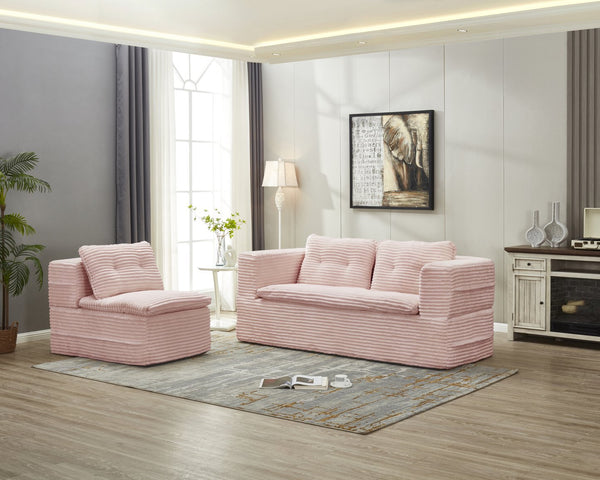 English Elm Multi Functional Sectional Sofa Bed in Baby Pink Plush Corduroy with Independent Chaise, Convertible Sleeper and 3 Pillows, Deep Seat Comfort W3219P387267