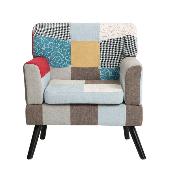 English Elm Patchwork Mid Century Modern Accent Chair - Colorful Linen Club Sofa, Solid Wood Frame, 250 lb Capacity W561P190124