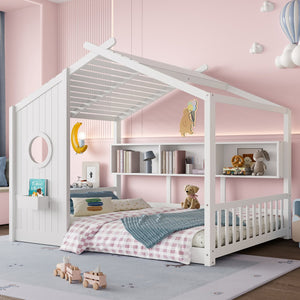 English Elm Full House Floor Bed with Roof Playhouse Design, Montessori Style with Rear Storage Shelf, Sturdy Pine White 78.5 L x 16.35 W x 8 H N733P335068K