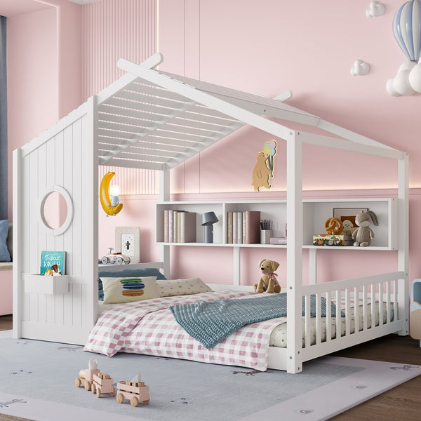 English Elm Full House Floor Bed with Roof Playhouse Design, Montessori Style with Rear Storage Shelf, Sturdy Pine White 78.5 L x 16.35 W x 8 H N733P335068K