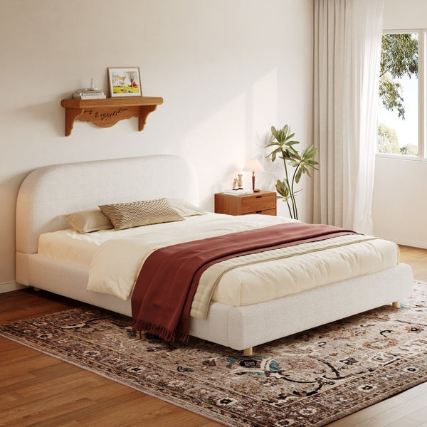 English Elm Queen Boucle Upholstered Bed Curved Foam Padded Headboard Solid Wood Legs Modern N757Q210312W-3