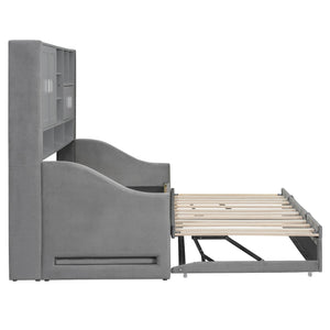 English Elm Twin Upholstered Daybed with LED Armrest Lighting, Hidden Storage Shelves & Lift-Up Pull-Out Trundle Gray SF000198AAE