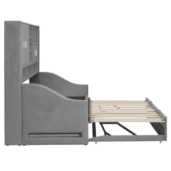 English Elm Twin Upholstered Daybed with LED Armrest Lighting, Hidden Storage Shelves & Lift-Up Pull-Out Trundle Gray SF000198AAE