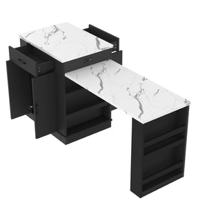 English Elm Extendable Kitchen Island Console with Open Shelving Drawers and Cabinet in Matte Black W1580S00274