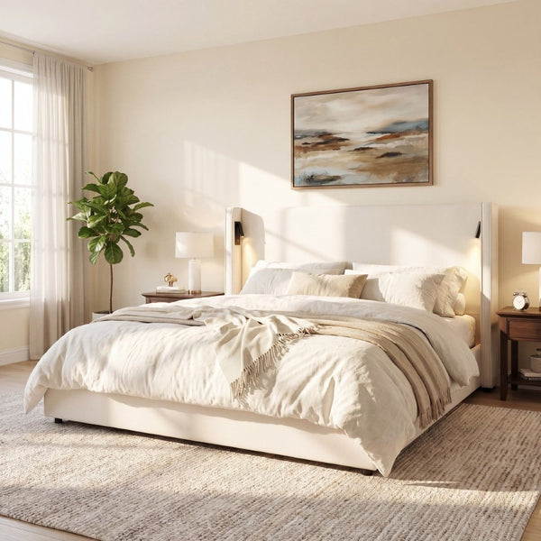 English Elm California King Wingback Linen Bed with Built-in Reading Lamp and Usb Charging Port N757P386661B