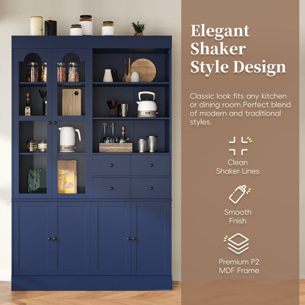 English Elm Topmax Shaker Buffet Hutch with Glass Doors Drawers and Pull-out Trays Blue SP000092AAC