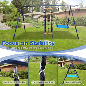 English Elm 6 in 1 Steel A-frame Backyard Swing Set with Climbing Net Trapeze Hammock and Hoop W1408P367263
