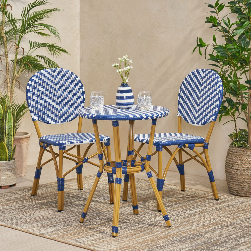 English Elm Christopher Knight Home® - Outdoor Aluminum 3-Piece French Bistro Set Navy Blue & White with Bamboo Finish, Rust-Resist Patio Chic 71423.00NBLU