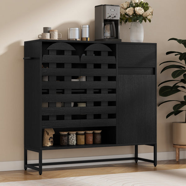 English Elm Buffet Black Woven Arched Door Sideboard with Adjustable Shelves, Metal Legs, Drawer, Entryway-Friendly W2977P338264