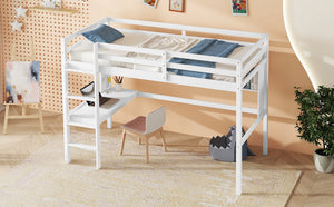 English Elm Twin Loft Bed with Built-In Desk and Bookcase, Pine Frame, Safety Guardrail, Ladder for Study Space White W504P181854